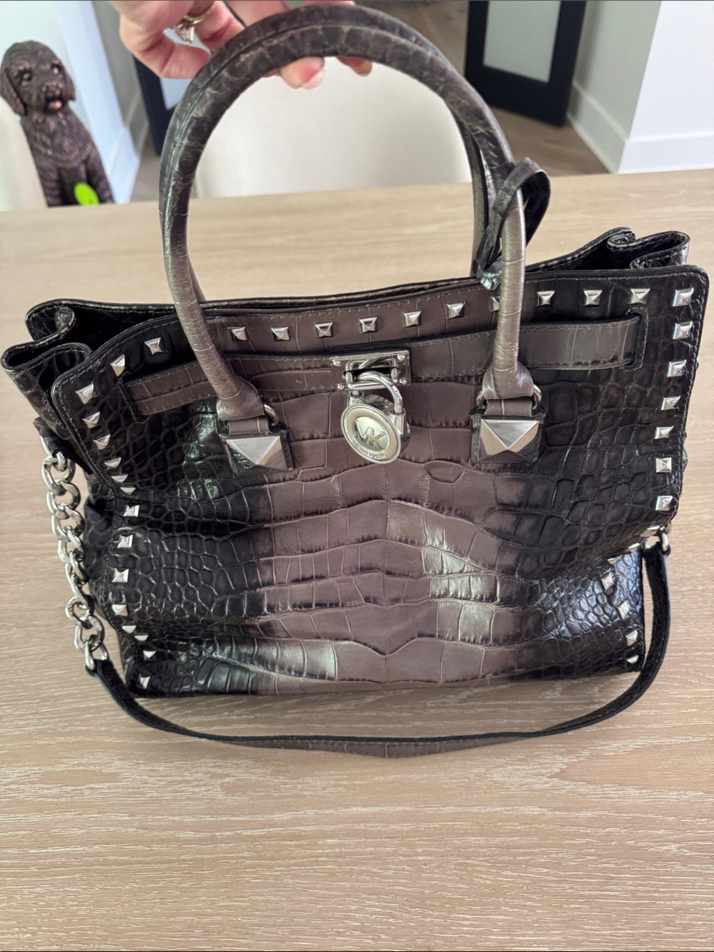 Michael Kors Croc-Embossed Studded Satchel - Dark Brown